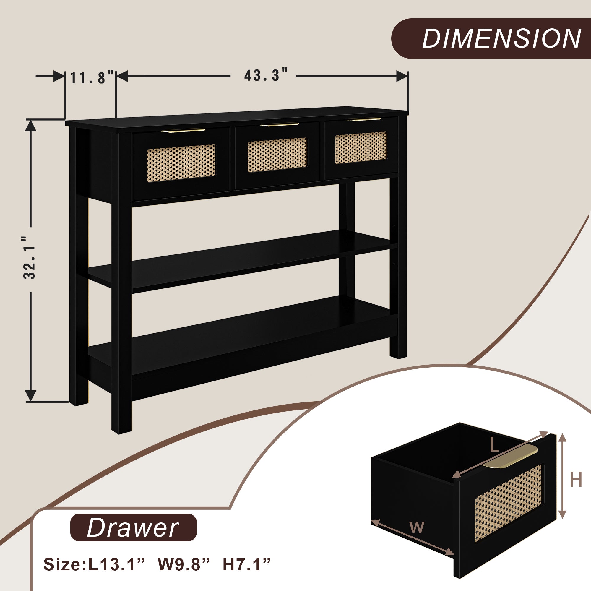 Dimension diagram of 43.3' console table with drawer size details, showing compact design with ample storage for farmhouse interiors.