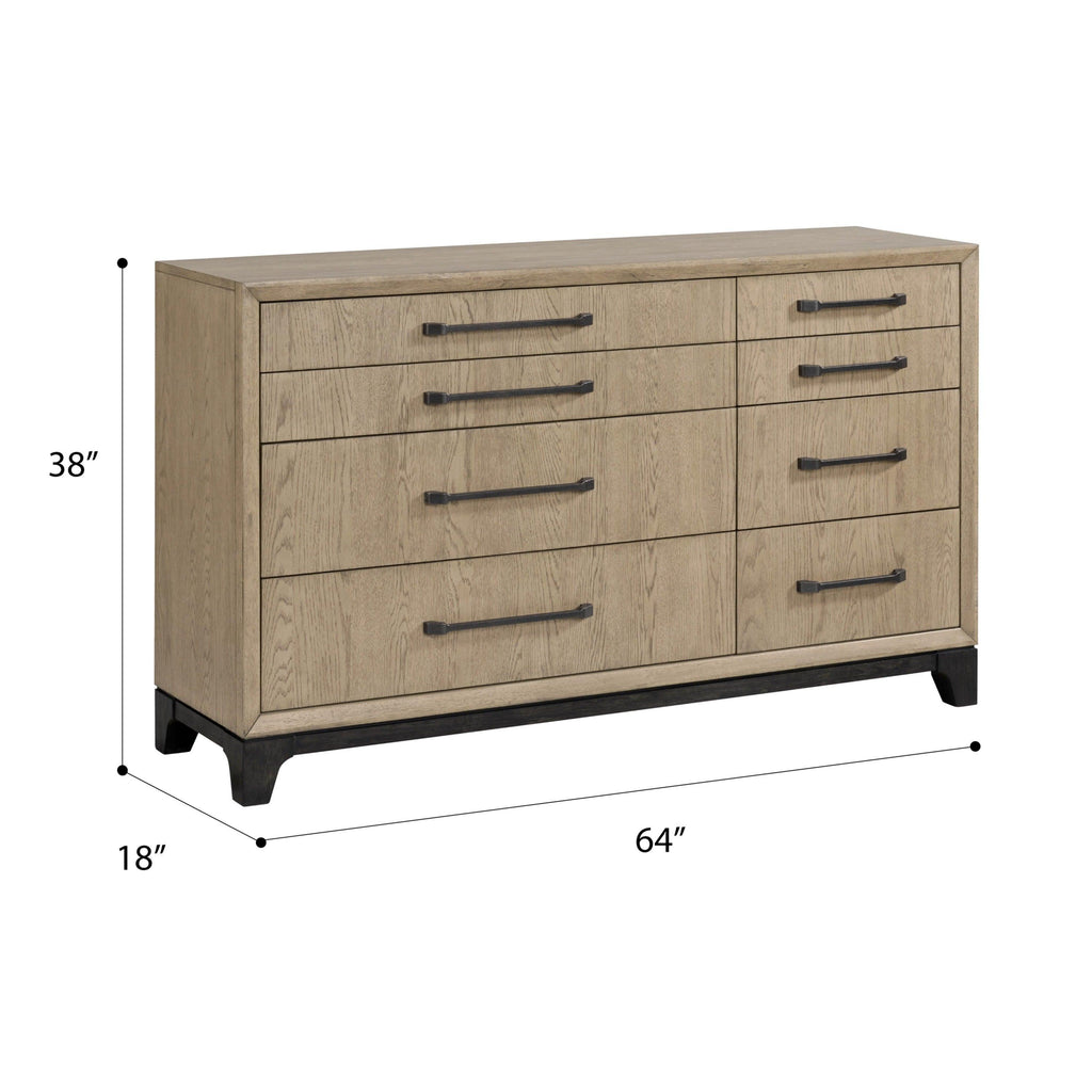 Caramel and Cocoa 8-Drawer Dresser with Black Feet and Metal Pulls in Brown Wood, 64-Inch Width.