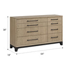 Caramel and Cocoa 8-Drawer Dresser with Black Feet and Metal Pulls in Brown Wood, 64-Inch Width.