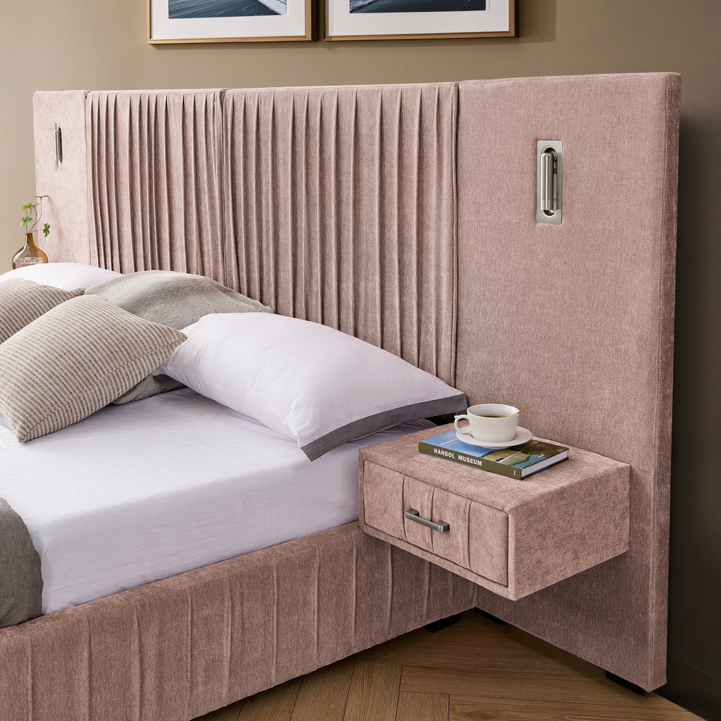 Side view of upholstered queen bed with headboard and floating nightstand, highlighting cozy bedding and modern design.