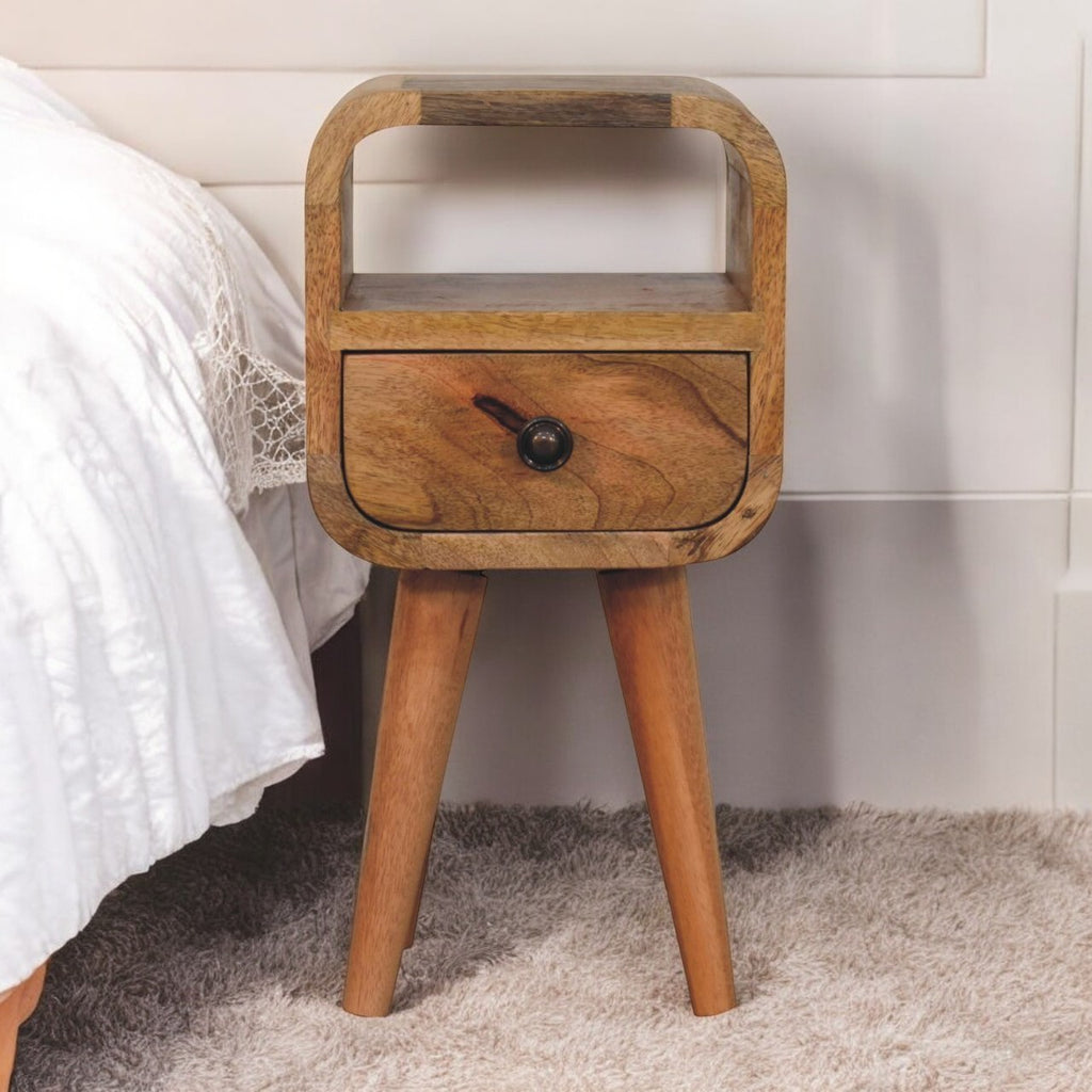 Solid Wood Extra Mini Oak-ish Curve Open Slot Nightstand, 1-Drawer, 1 Open Slot, Nordic Legs, Brown