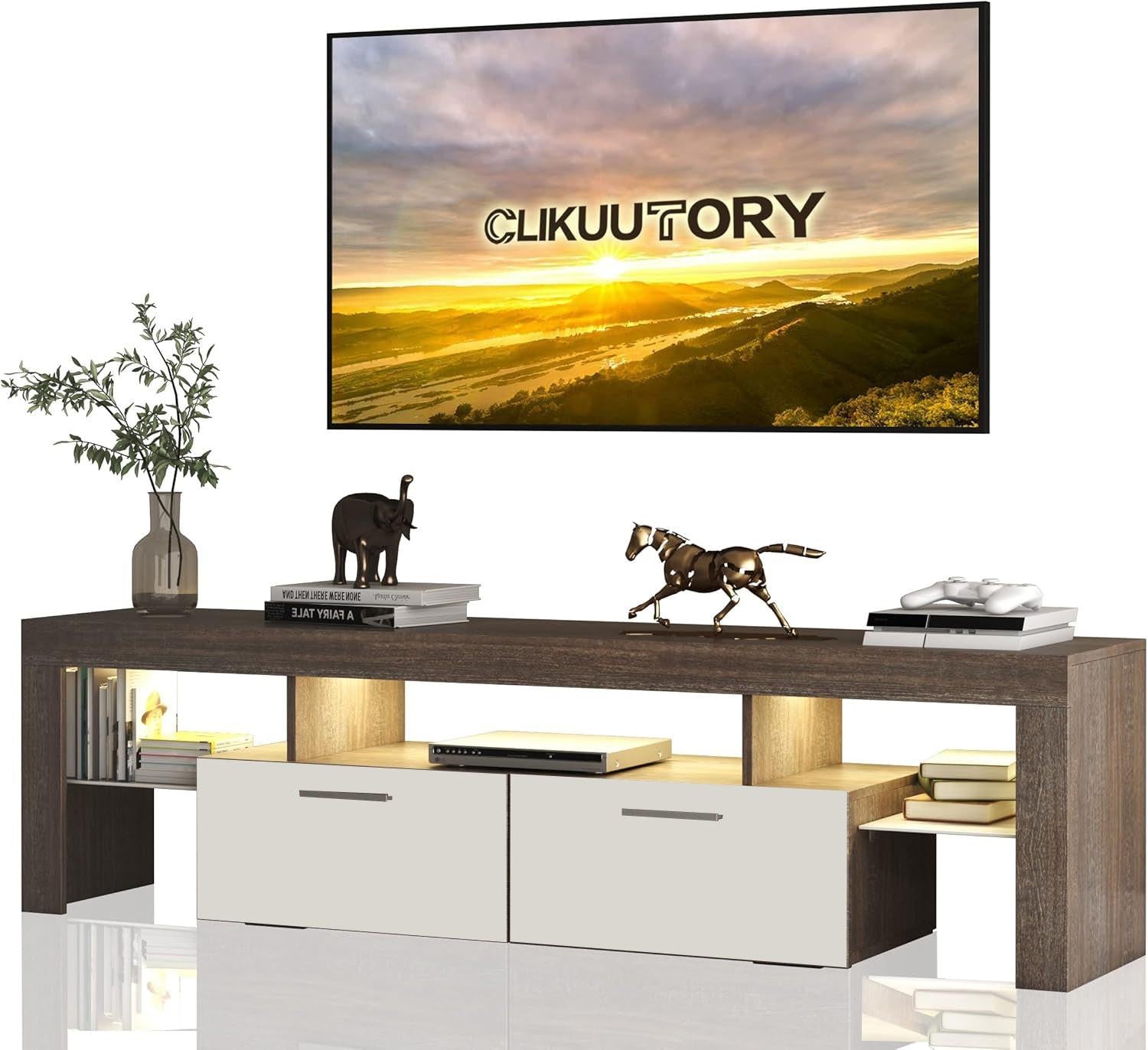 LED TV Stand with Storage for 75 Inch TVs - Brown and White.