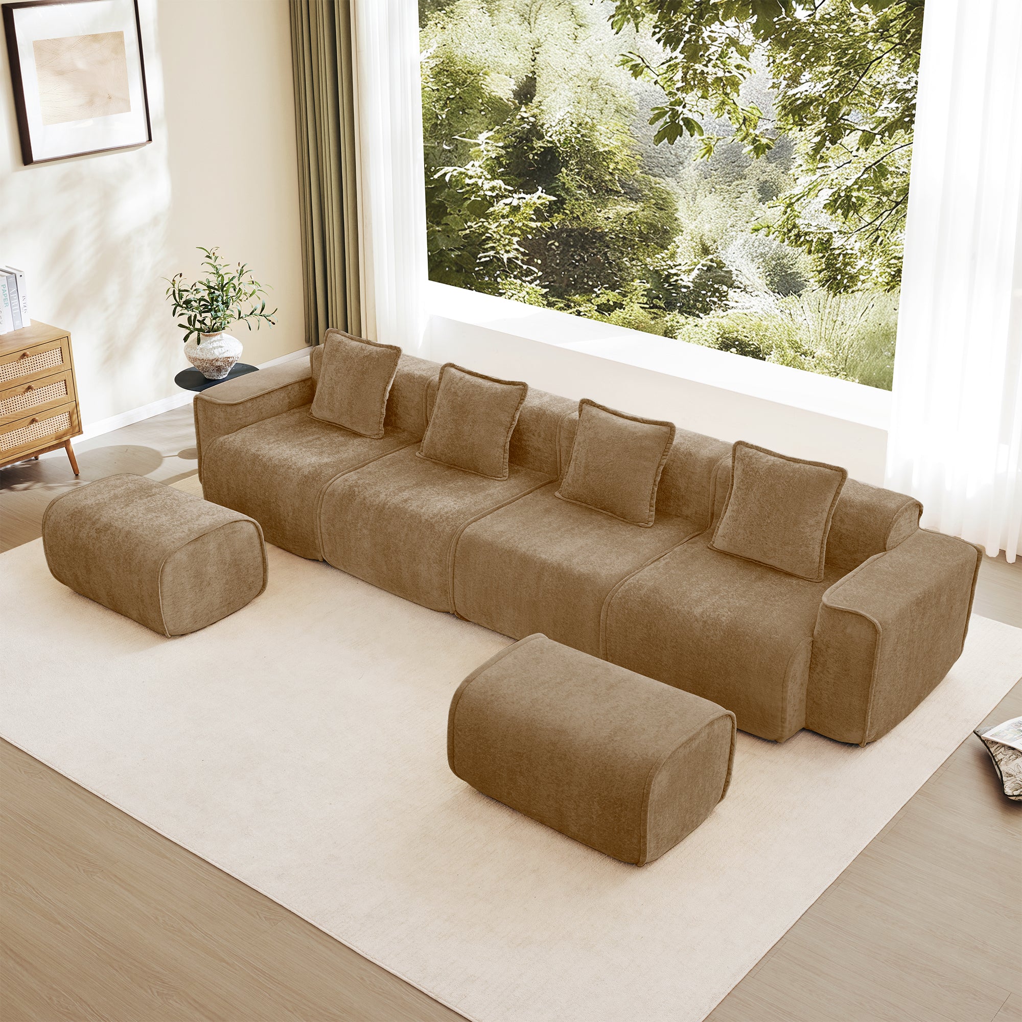 Modular U Shape Sectional Sofa - Velvet, Brown | 4-Seat shown in a bright living room with two ottomans and five back cushions for flexible seating.