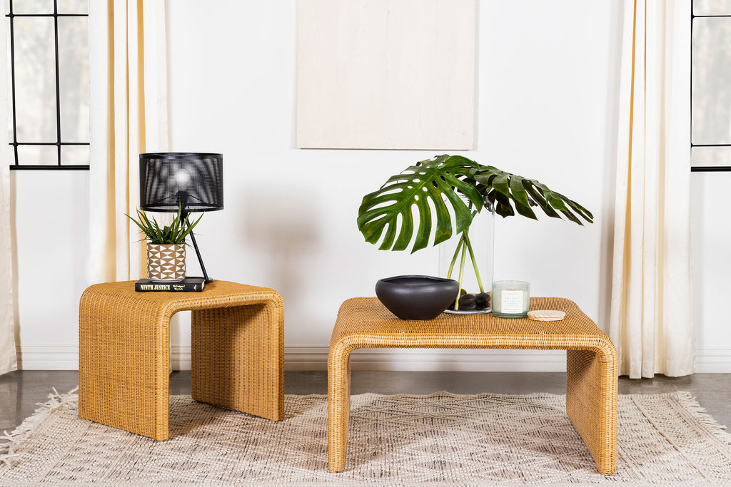 Square Woven Rattan End Table, Natural paired with matching coffee table in a modern boho living room setup.