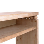 Interior view of rustic console table shelf, showing sturdy construction and bead detailing under the tabletop.