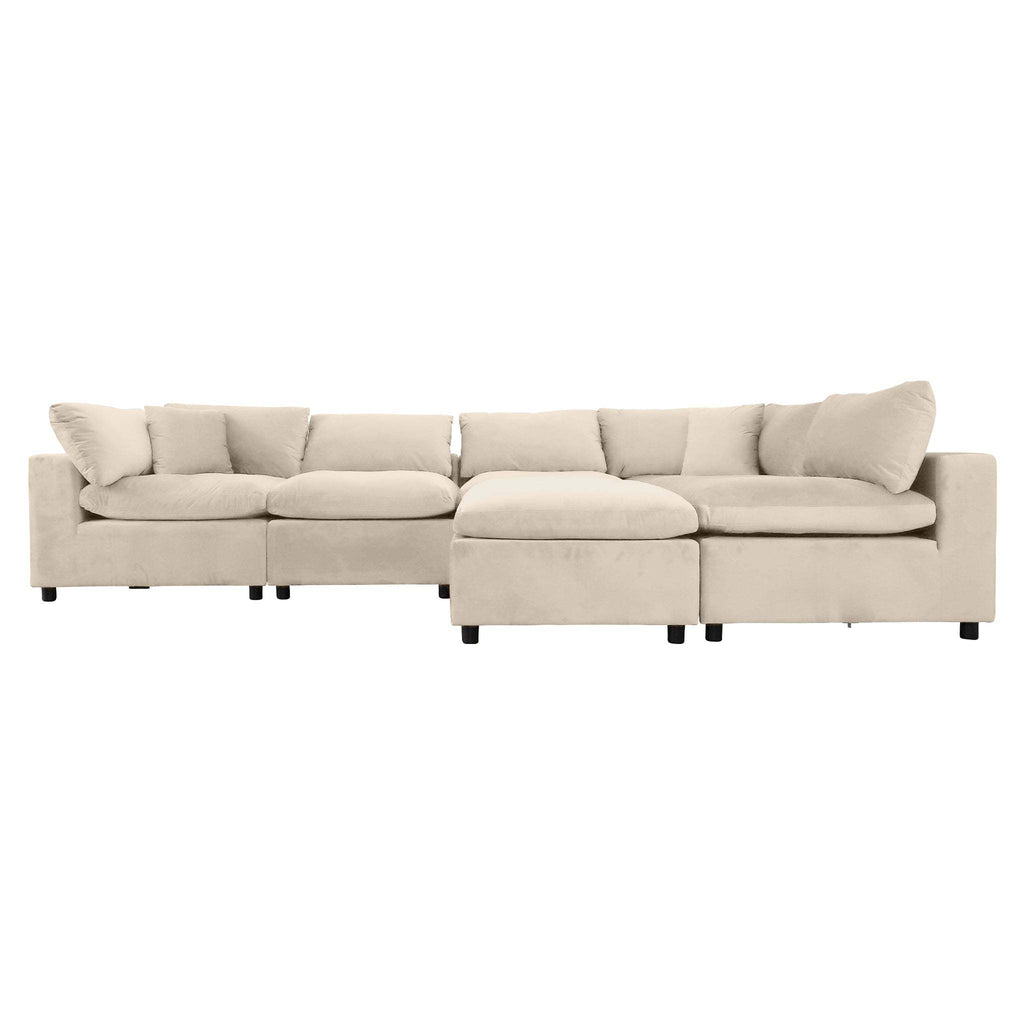 Ivory velvet modular sectional sofa featuring plush, deep-seated foam cushions and comfortable removable back pillows.