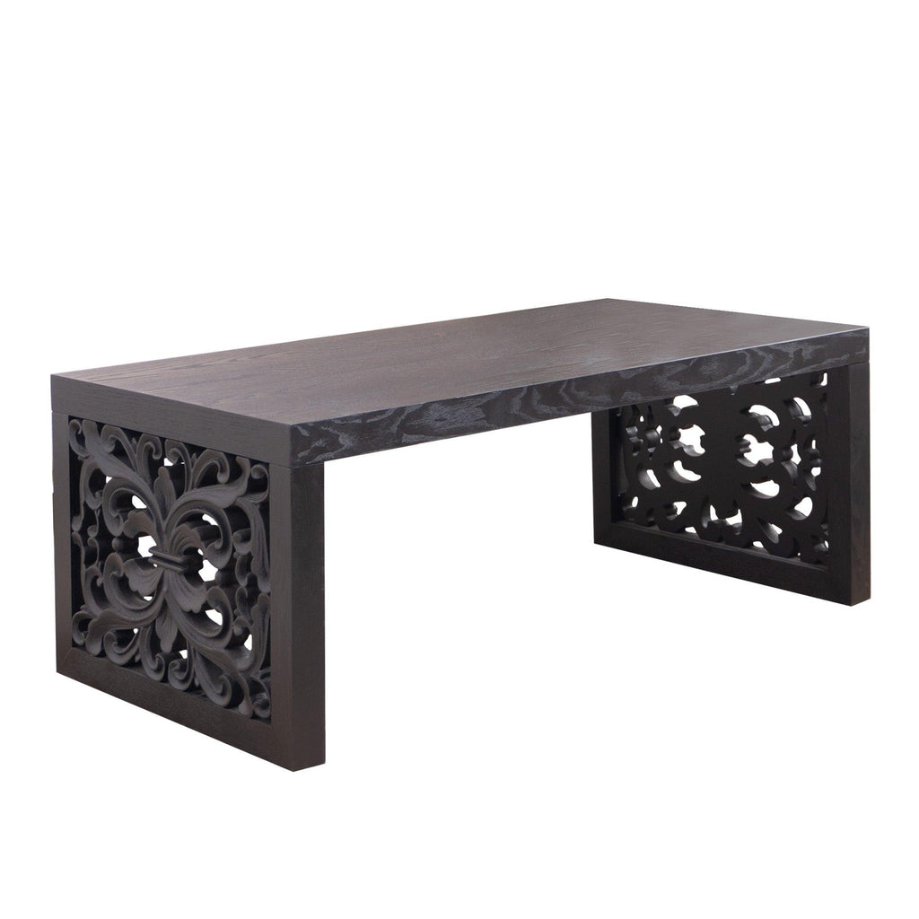 47.2' Solid Black Carved Wood Coffee Table – Handcrafted Look with Ornate Side Panels.
