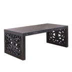 47.2' Solid Black Carved Wood Coffee Table – Handcrafted Look with Ornate Side Panels.