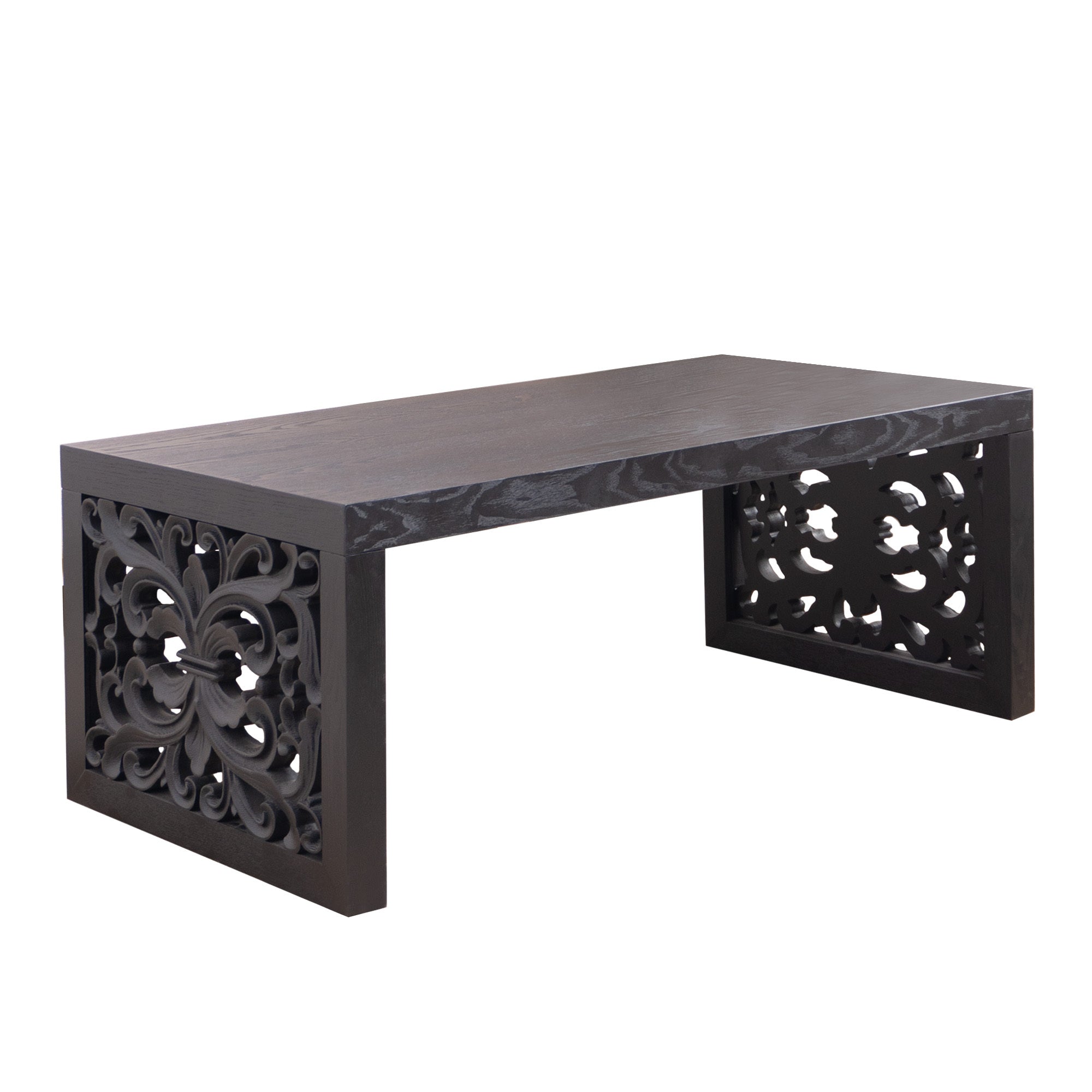 47.2' solid black carved wood coffee table with ornate side panels, showcasing a handcrafted look and rectangular shape.
