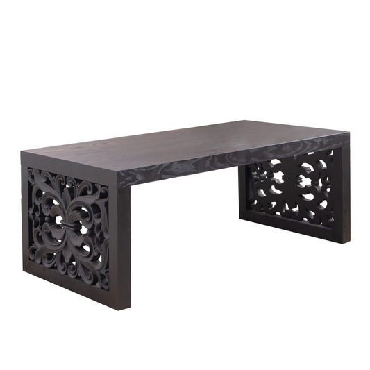 47.2' Solid Black Carved Wood Coffee Table – Handcrafted Look with Ornate Side Panels