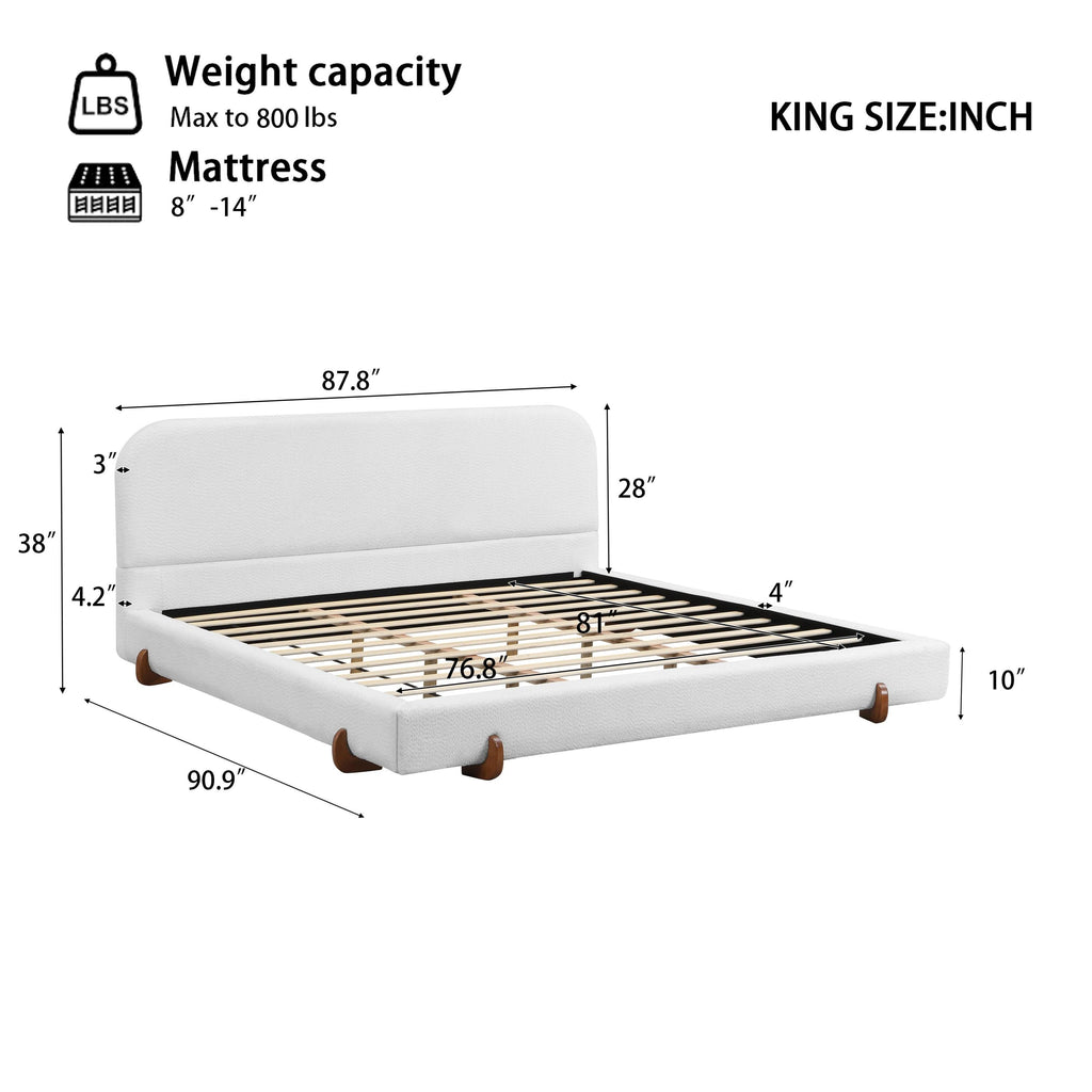 King Size Fabric Upholstered Bed Frame with Rubber Wood Legs.