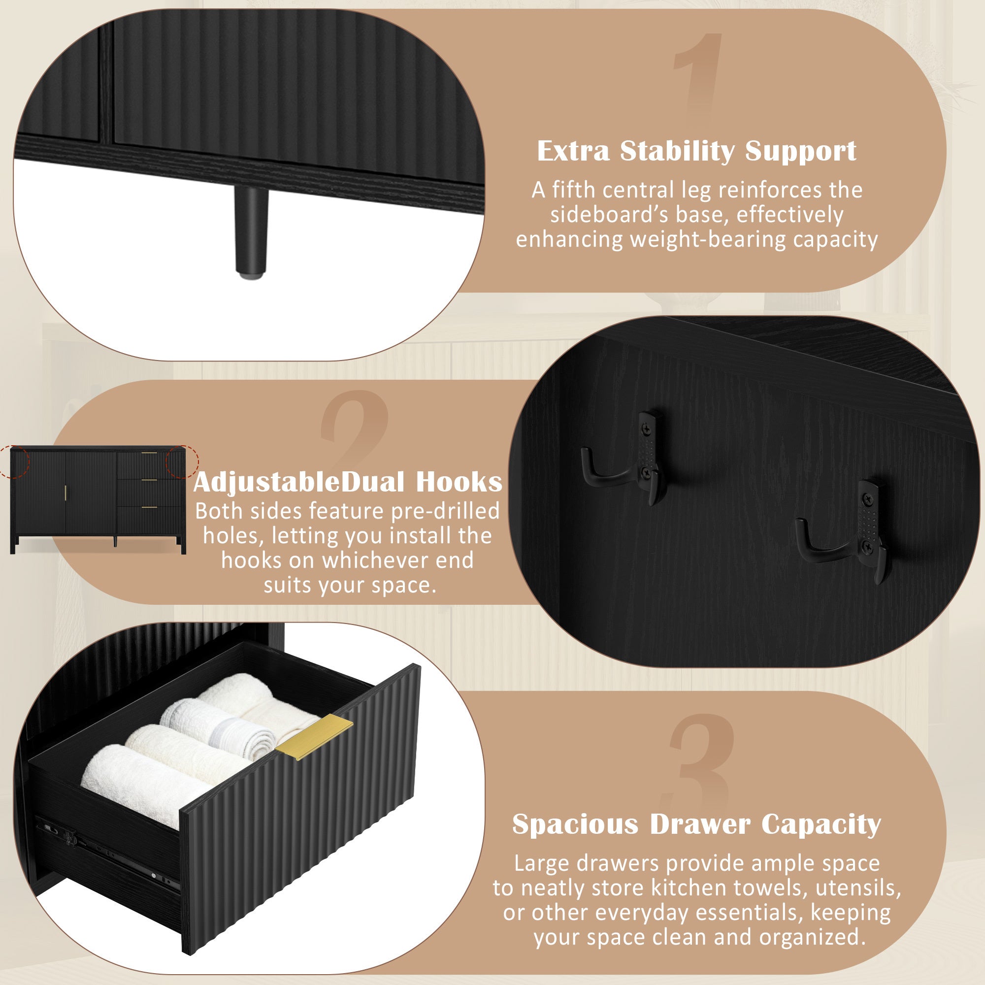 Features of modern wave-pattern sideboard including extra stability support, adjustable hooks, and spacious drawer capacity.