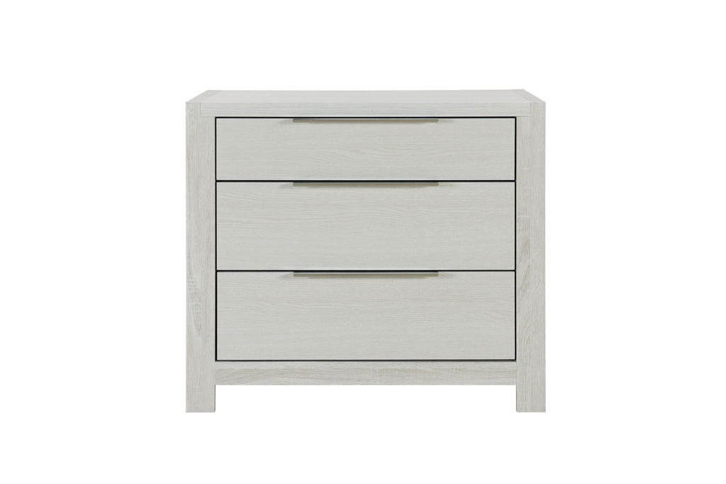 Front view of Jehoram Beige Nightstand - Synthetic Wood with 3 drawers and sleek horizontal handles.