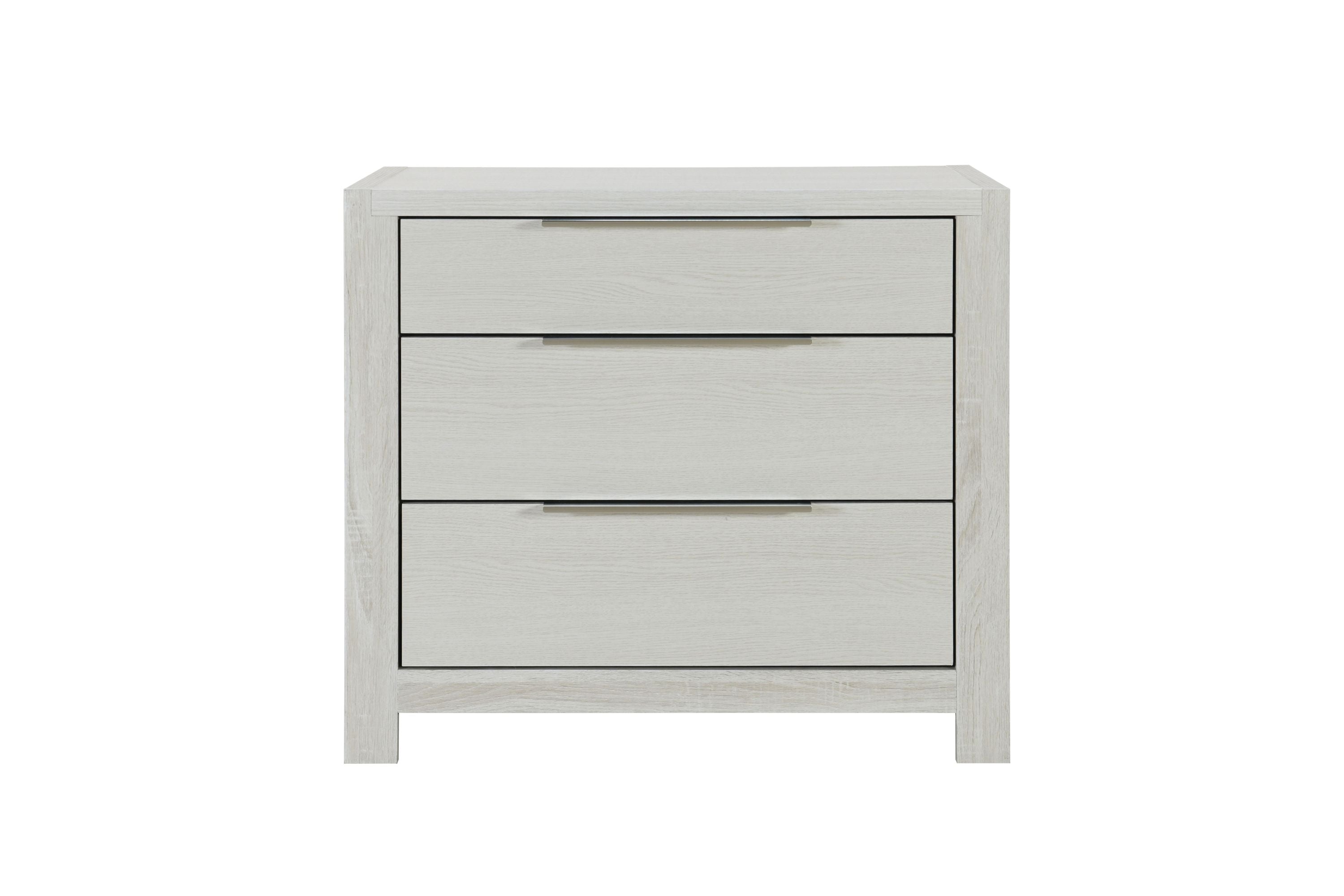 Front view of Jehoram Beige Nightstand - Synthetic Wood with 3 drawers and sleek horizontal handles.