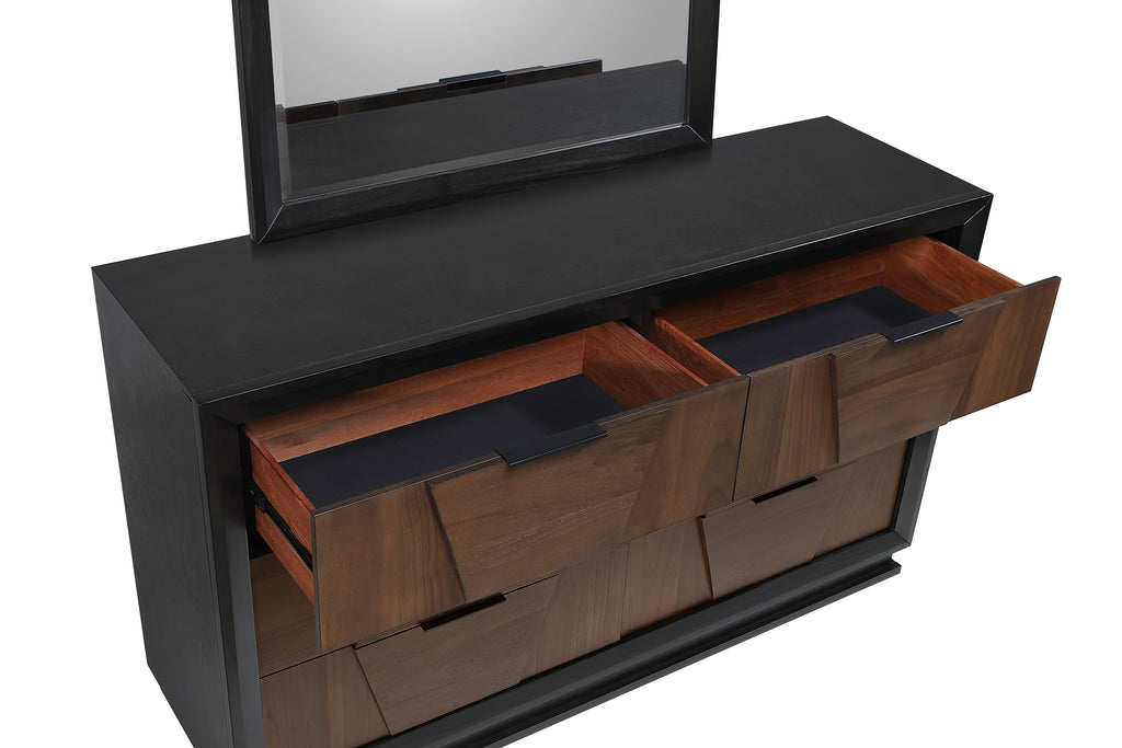 Top view of Walnut 6-Drawer Dresser with two upper drawers open, revealing black-lined interiors and solid wood craftsmanship.