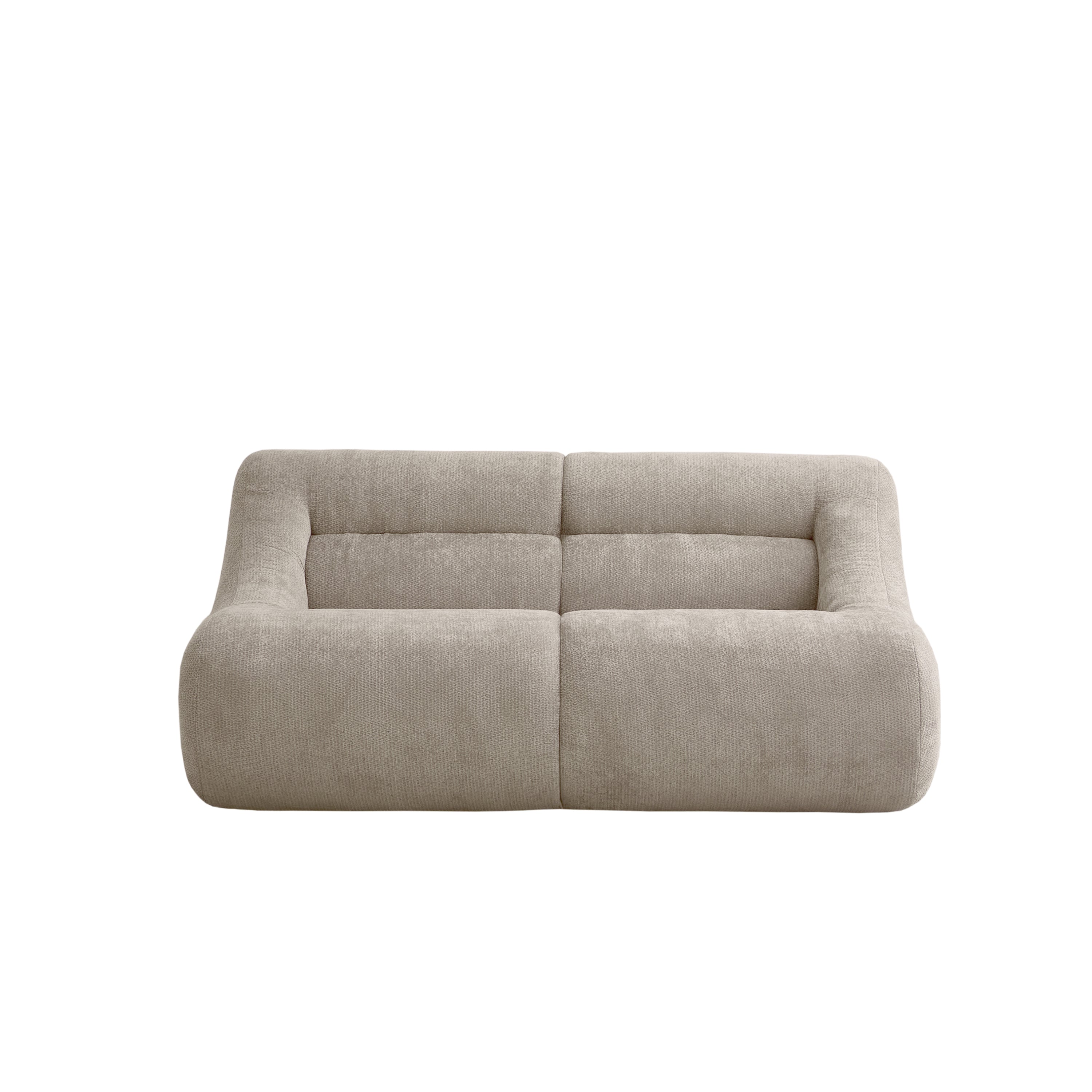 Studio shot of beige memory foam 2-seater sofa with minimalist design and plush chenille finish, ideal for compact modern homes.