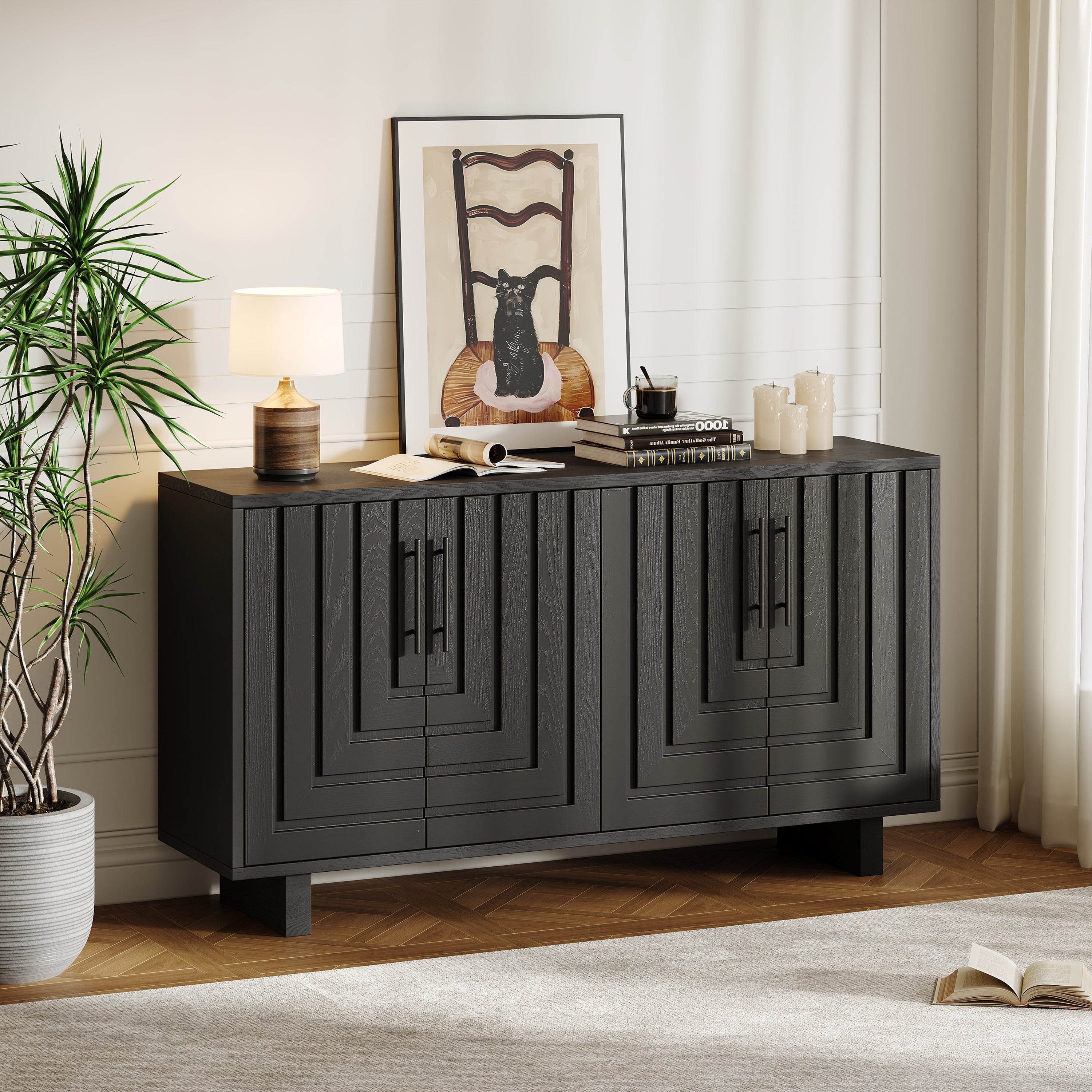 Modern Sideboard Cabinet in black with 4 doors, styled in a living room setting with decor, offering versatile storage and sleek design.