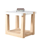 Modern faux marble end table in two-tone natural finish, crafted from MDF and rubberwood, ideal for contemporary interiors.