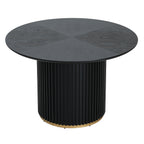 Round pedestal dining table in black with fluted base and gold accent. Seats 4, made of MDF and iron for modern dining spaces.