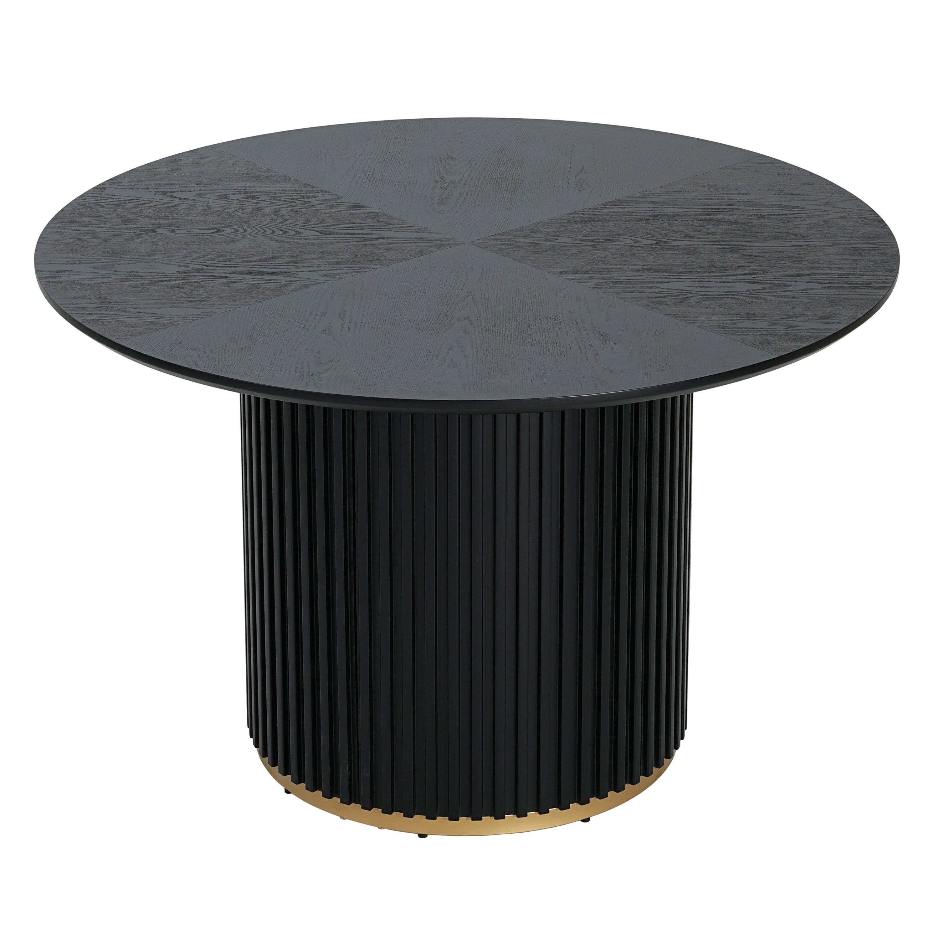 Round pedestal dining table in black with fluted base and gold accent. Seats 4, made of MDF and iron for modern dining spaces.