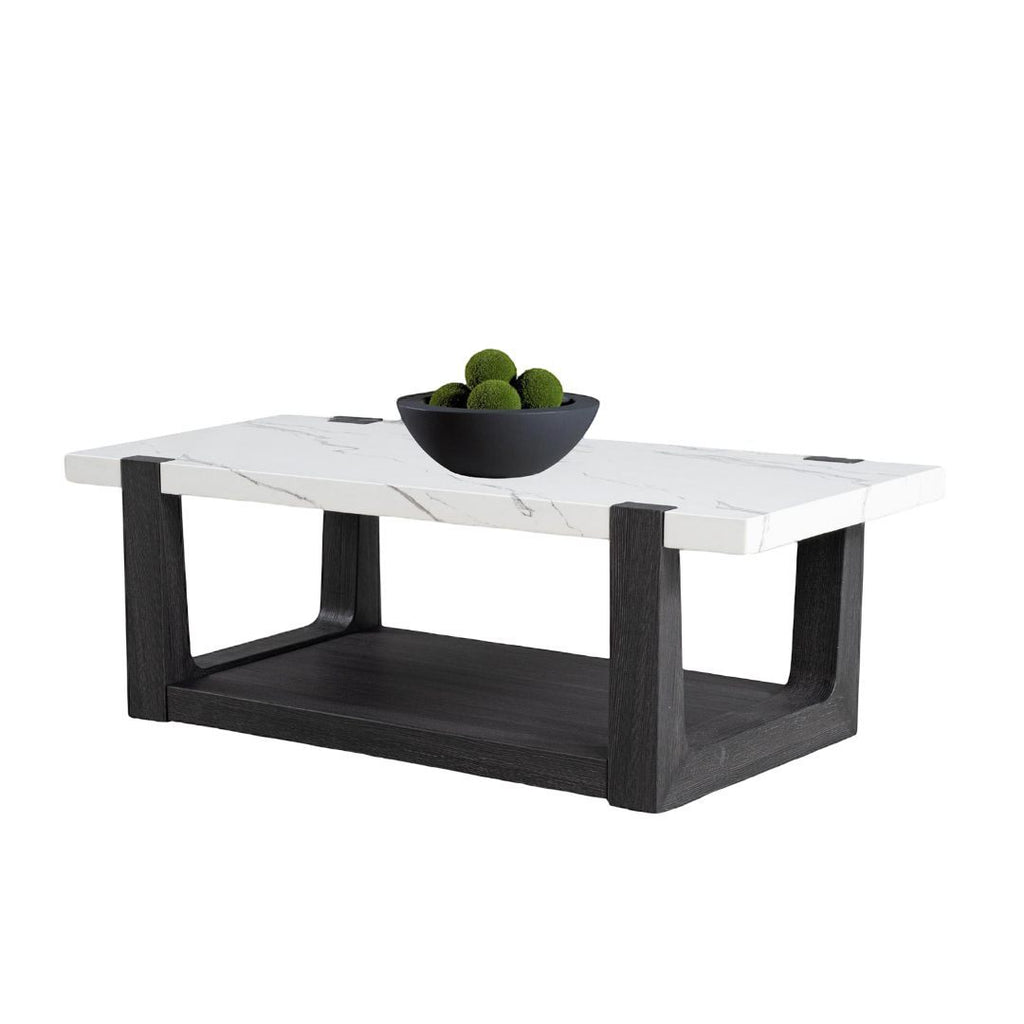 Modern coffee table faux marble with two-tone black and white design, featuring a lower shelf and decorative bowl centerpiece.