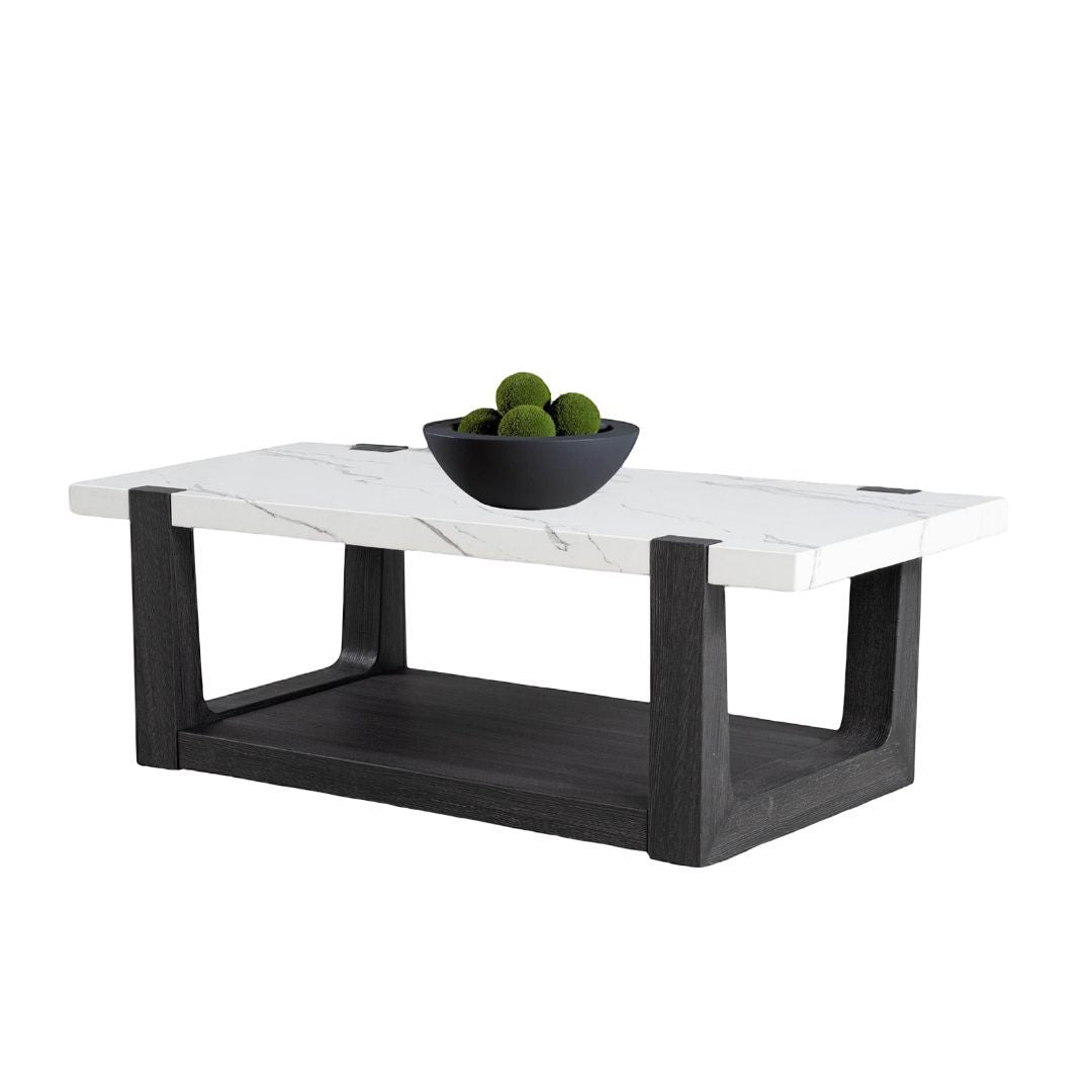 Modern coffee table faux marble with two-tone black and white design, featuring a lower shelf and decorative bowl centerpiece.