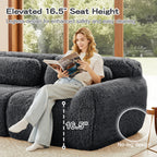 Dark grey plush modular sofa with 16.5-inch elevated seat height and legless design for easy cleaning and added safety.