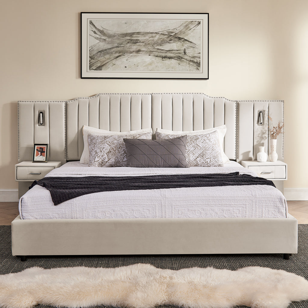 King size bed with upholstered headboard, integrated lighting, and solid frame, ideal for elegant and functional bedroom interiors.
