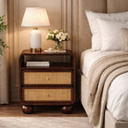 Solid Mango Wood Rattan Bedside Table with 2 Drawers, Dark Brown