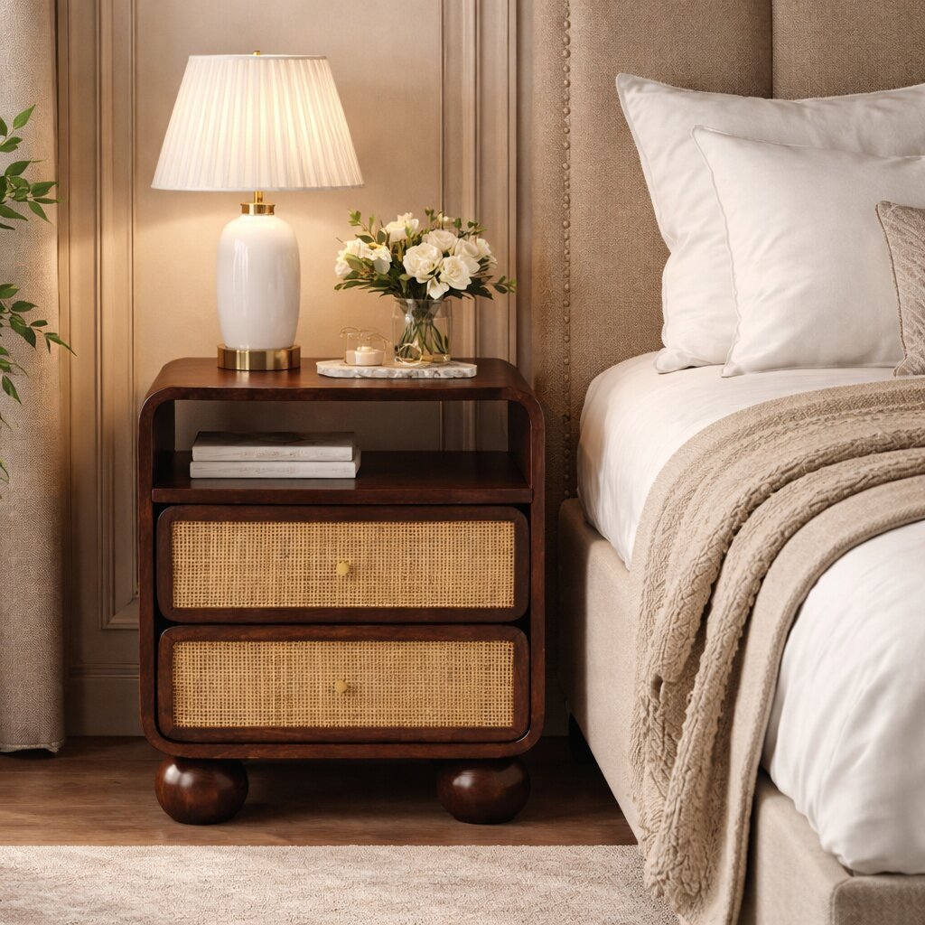 Solid Mango Wood Rattan Bedside Table with 2 Drawers, Dark Brown