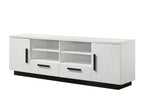White TV Stand with Drawers | 70.5' Storage Unit featuring two drawers, open shelves, and side cabinets with a sleek black base for modern media storage.