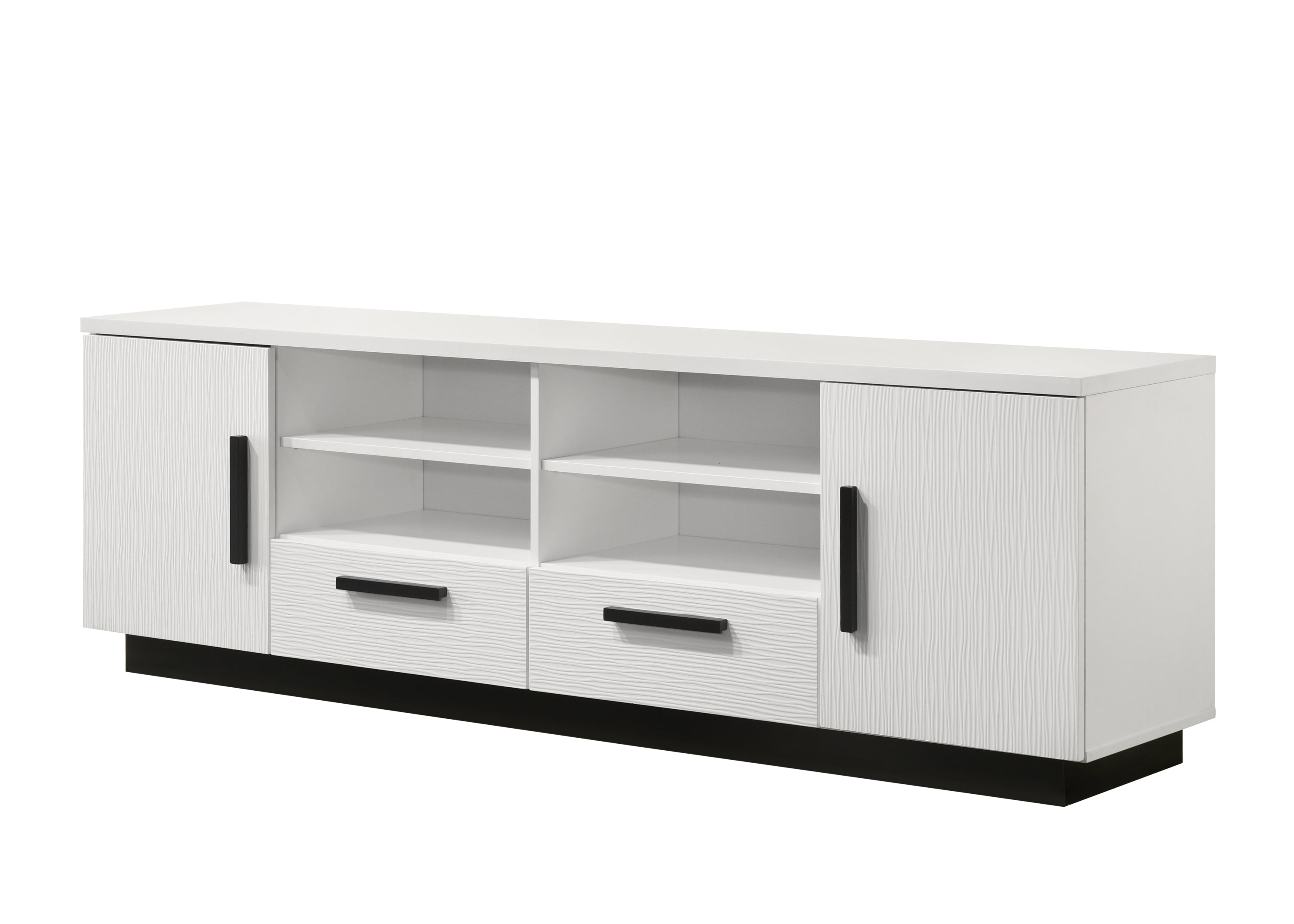 White TV Stand with Drawers | 70.5' Storage Unit featuring two drawers, open shelves, and side cabinets with a sleek black base for modern media storage.
