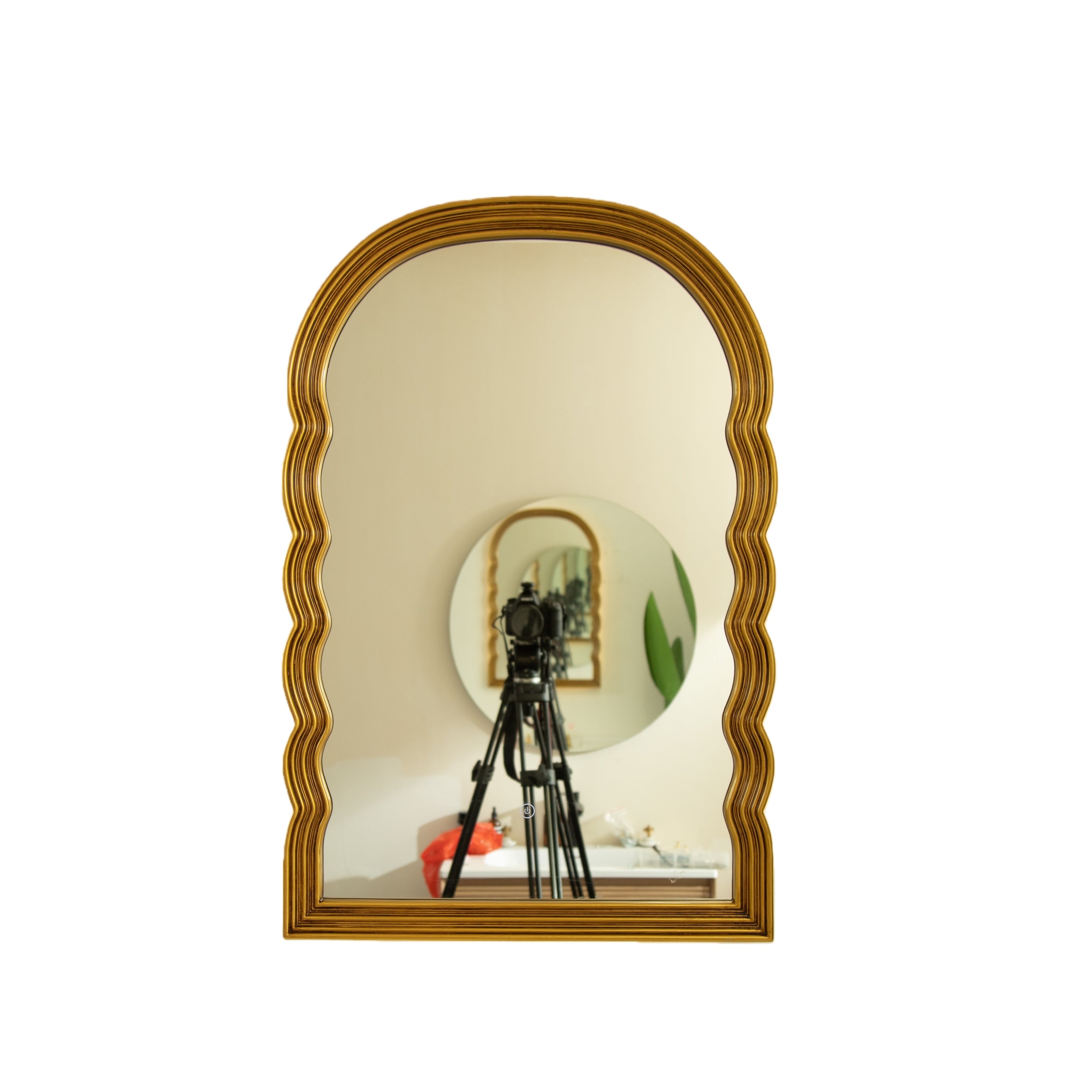 Arched, gold-framed wall mirror with retro scalloped sides, featuring an integrated LED light and touch power button.
