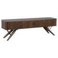 Mid-century modern walnut TV stand with fluted sliding doors and unique angled splayed legs on a white background.