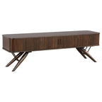 Mid-century modern walnut TV stand with fluted sliding doors and unique angled splayed legs on a white background.