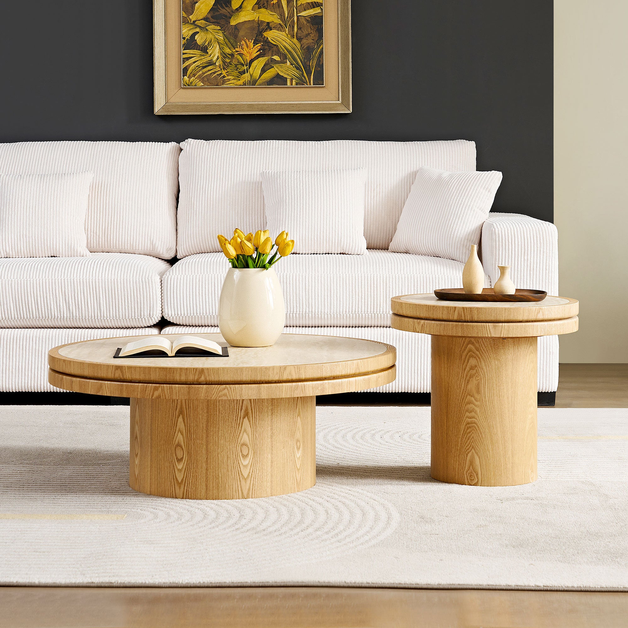 Natural Sintered Stone Round Coffee Table Set - 2-Piece Nesting Design