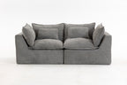Front view of the Cloud Couch 2-seat modular sectional with deep seats and five matching cushions in grey velvet.