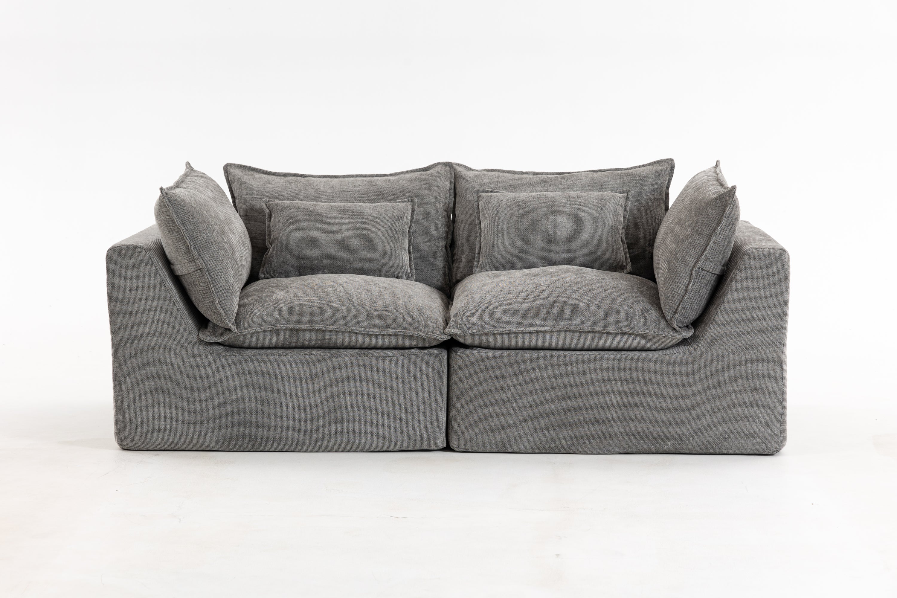 Front view of the Cloud Couch 2-seat modular sectional with deep seats and five matching cushions in grey velvet.