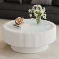 32-Inch White Fluted Round Coffee Table with Glass Top & Storage