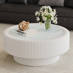32-Inch White Fluted Round Coffee Table with Glass Top & Storage