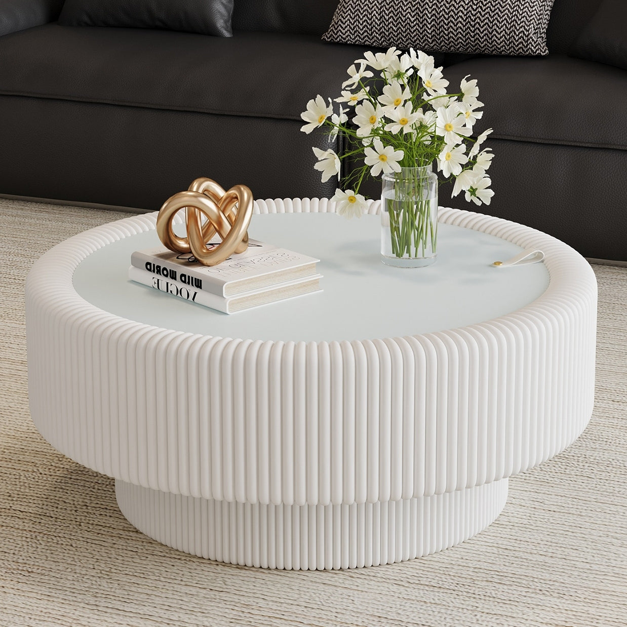 32-Inch White Fluted Round Coffee Table with Glass Top & Storage