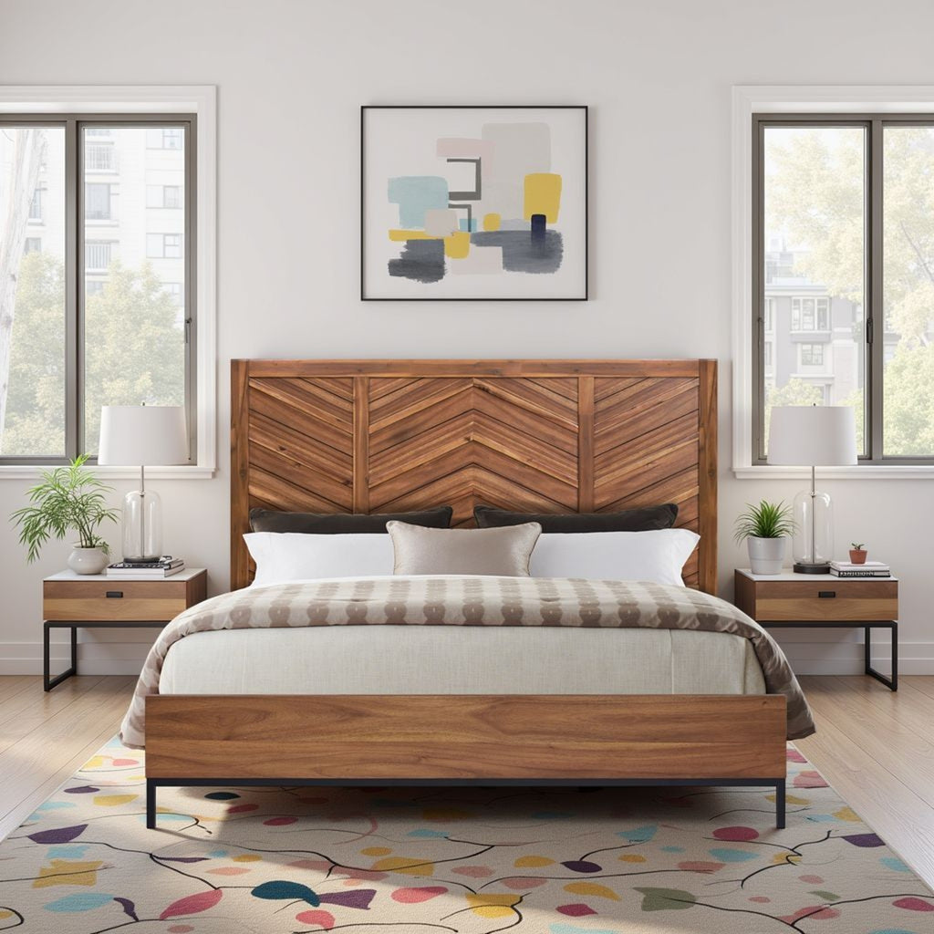 Astoria king platform bed in natural wood featuring a stylish herringbone-patterned headboard and sleek black frame.