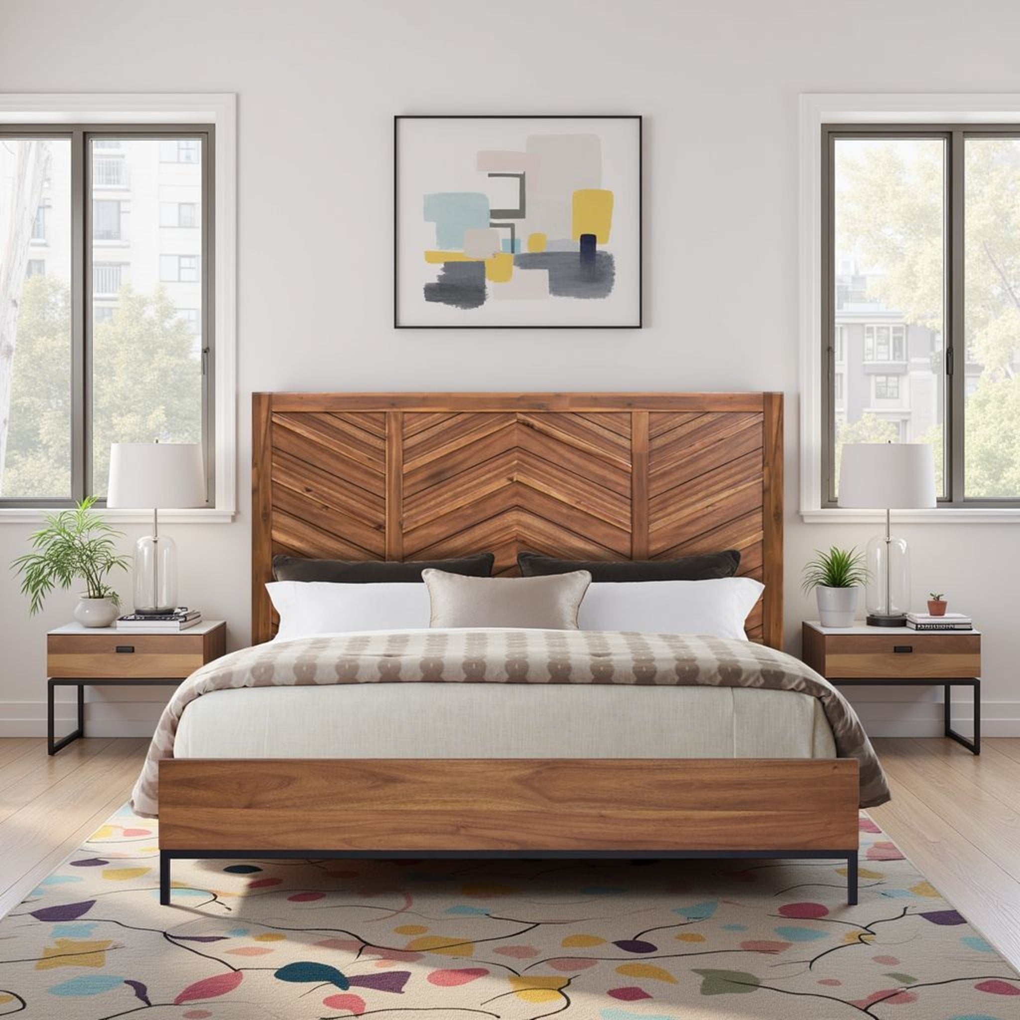 Astoria king platform bed in natural wood featuring a stylish herringbone-patterned headboard and sleek black frame.
