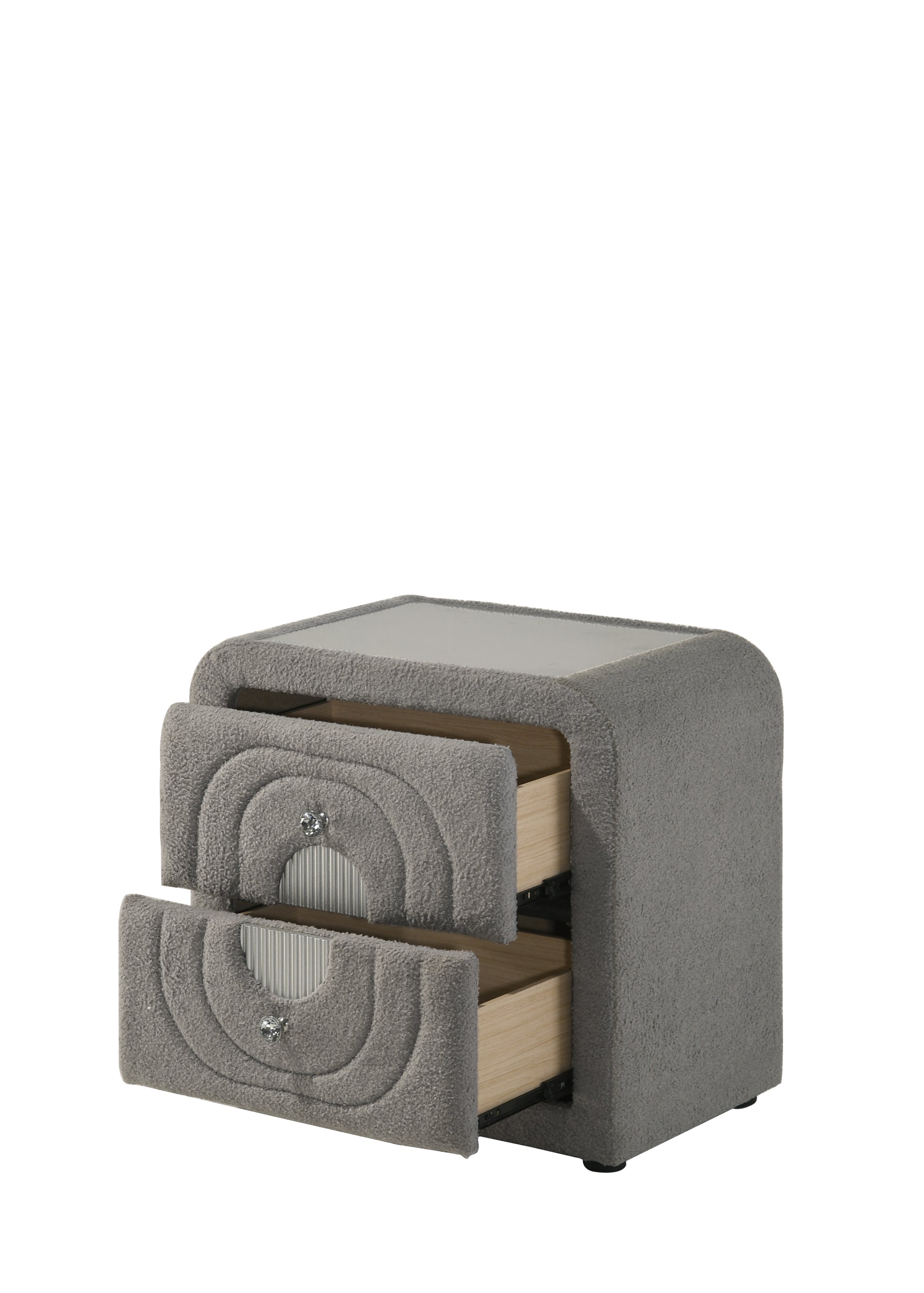 Gray Chrome Nightstand with Teddy Sherpa featuring two open drawers, crystal button accents, and a glass top. Stylish wood and foam design.