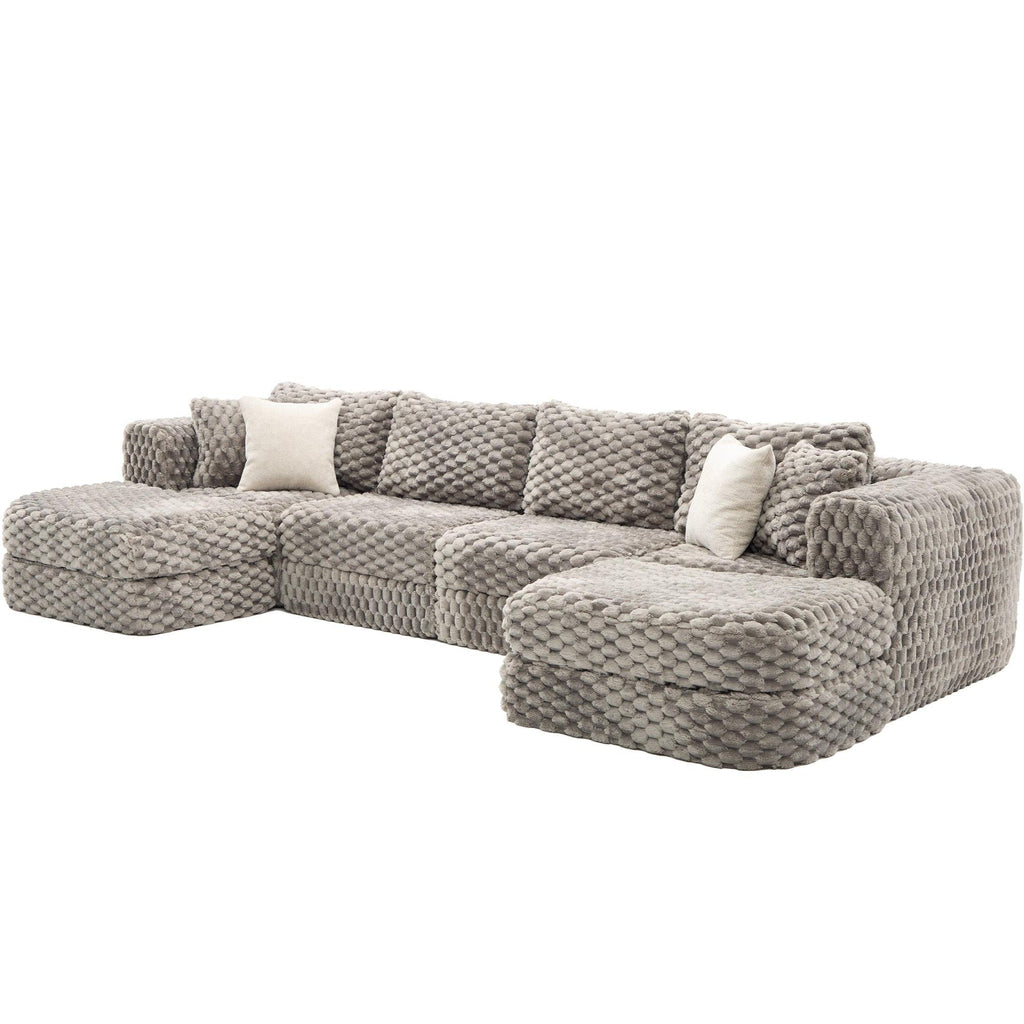 Modular Sectional Sofa Grey Bubble Velvet with Movable Ottomans.