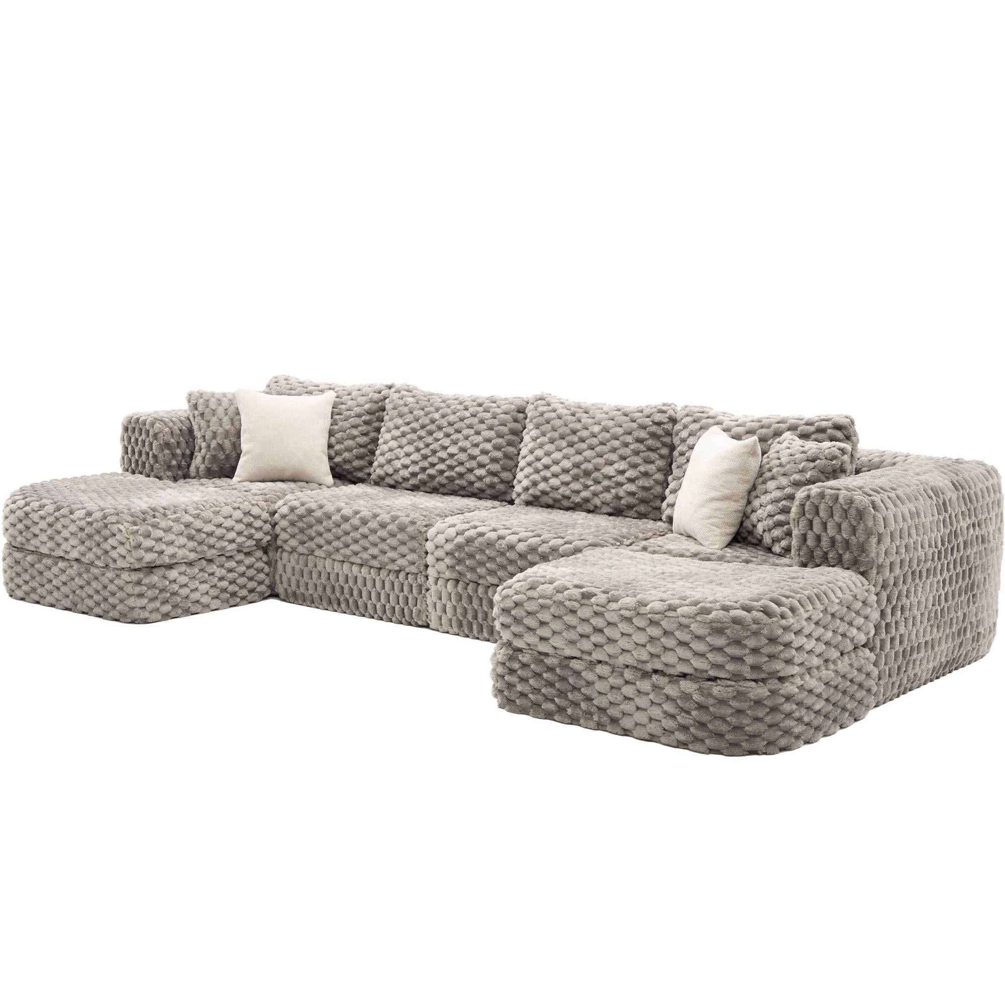 Modular Sectional Sofa Grey Bubble Velvet with Movable Ottomans.