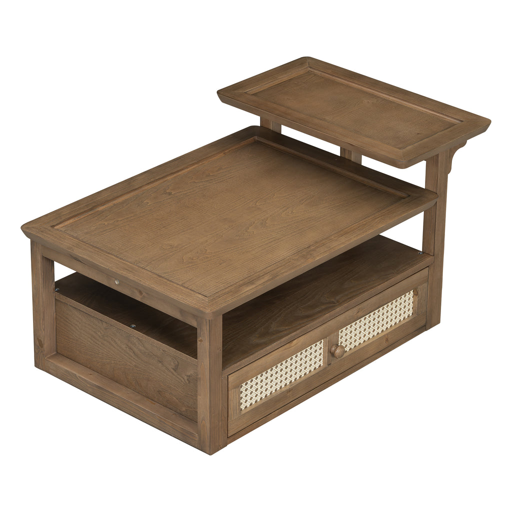 U-Can Modern Coffee Table, Coffee Table with 1 Storage Shelf, 2 Tabletops and 1 Rattan Drawer For Living Room