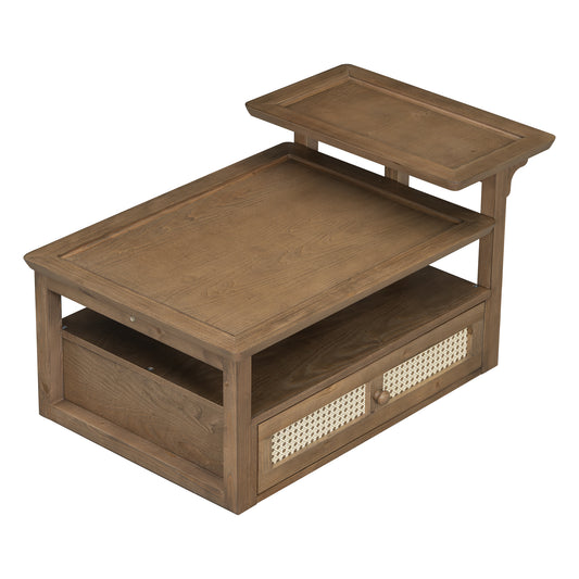 U-Can Modern Coffee Table, Coffee Table with 1 Storage Shelf, 2 Tabletops and 1 Rattan Drawer For Living Room