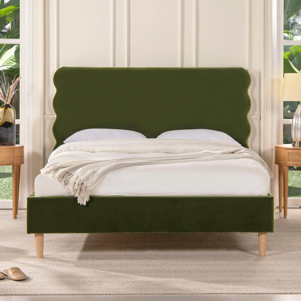 Stockholm Modern Wavy Headboard Platform Bed, Queen, Olive Green Performance Velvet.