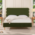 Stockholm Modern Wavy Headboard Platform Bed, Queen, Olive Green Performance Velvet.